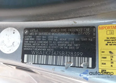 2005 BMW 645Ci z USA, uszkodzony, nr VIN WBAEK73475B328399